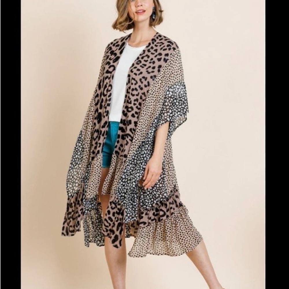 Umgee-Animal Print Kimono Open Cardigan -Duster Ruffle Hemline